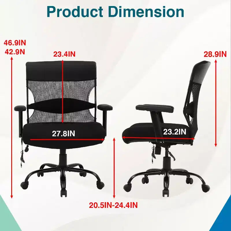 Chaise de bureau 500 lbs, grande et haute, avec siège large, noire