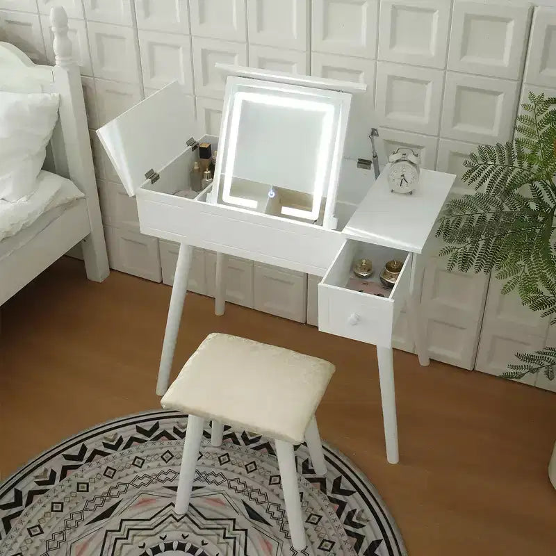 Okak 3-in-1 Flip-Top Vanity Desk with Power Outlets, Compact Makeup Table with LED Mirror, Cushioned Stool &amp; Wood for Apartments