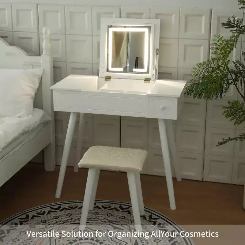 Coiffeuse à rabat 3-en-1 avec prises de courant, table de maquillage compacte avec miroir LED, tabouret rembourré et bois pour appartements