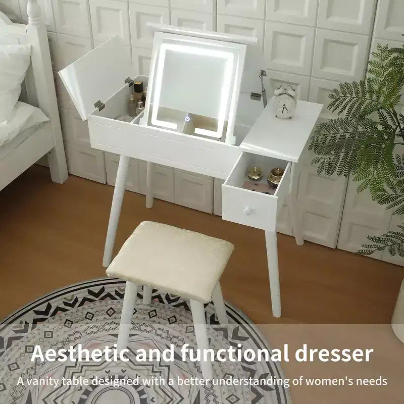 Coiffeuse à rabat 3-en-1 avec prises de courant, table de maquillage compacte avec miroir LED, tabouret rembourré et bois pour appartements