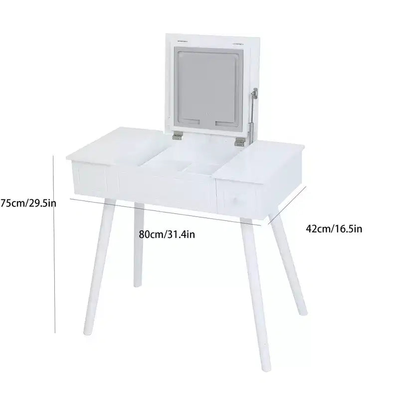 Coiffeuse à rabat 3-en-1 avec prises de courant, table de maquillage compacte avec miroir LED, tabouret rembourré et bois pour appartements