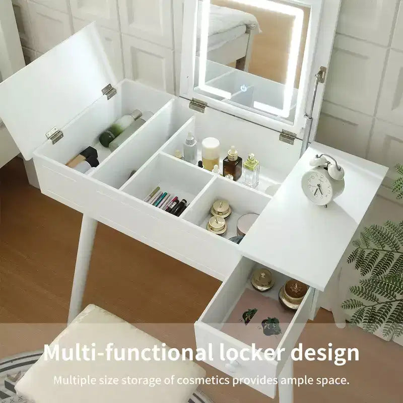 Coiffeuse à rabat 3-en-1 avec prises de courant, table de maquillage compacte avec miroir LED, tabouret rembourré et bois pour appartements