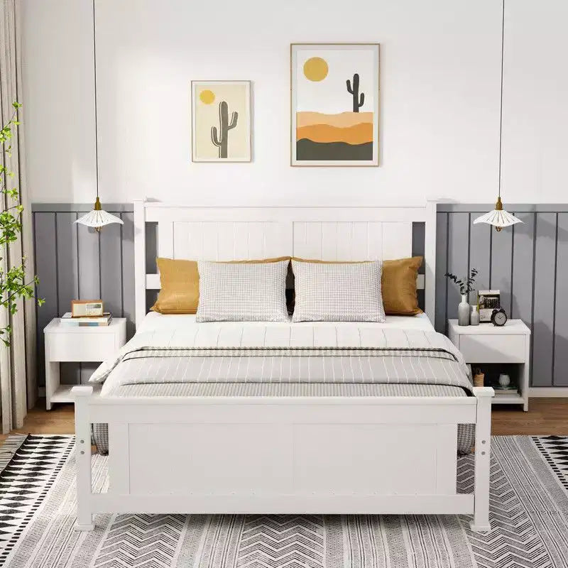 Cadre de lit en bois, lit plateforme pleine grandeur avec tête de lit, blanc