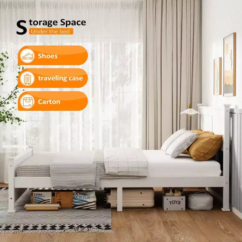 Cadre de lit en bois, lit plateforme pleine grandeur avec tête de lit, blanc