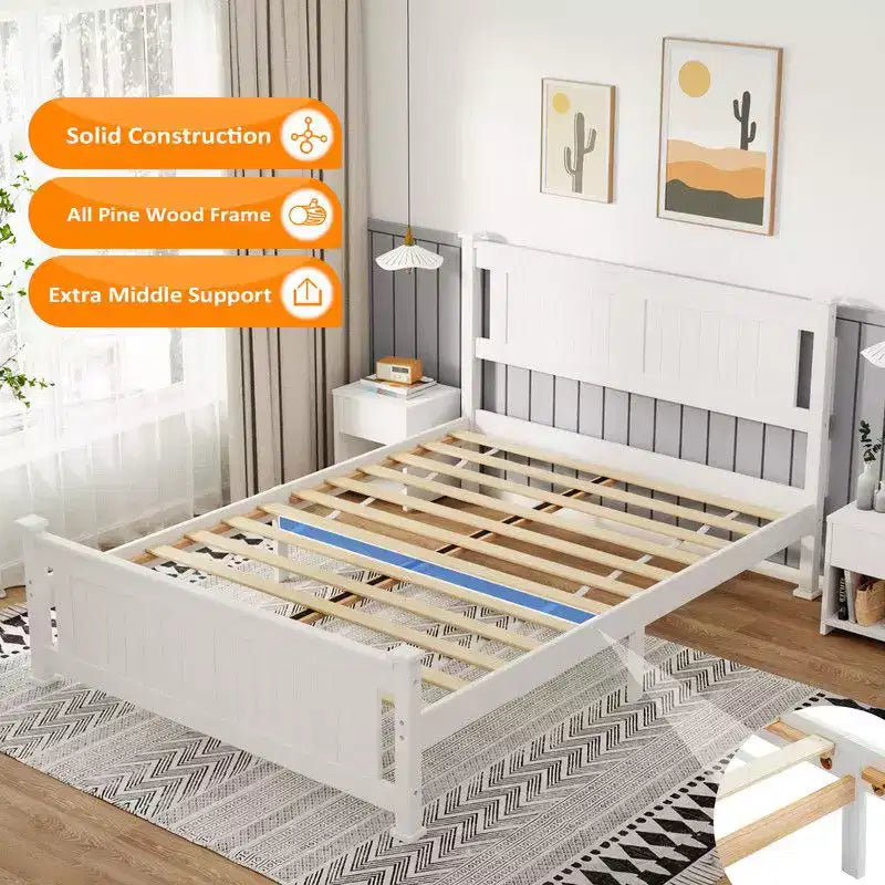 Cadre de lit en bois, lit plateforme pleine grandeur avec tête de lit, blanc