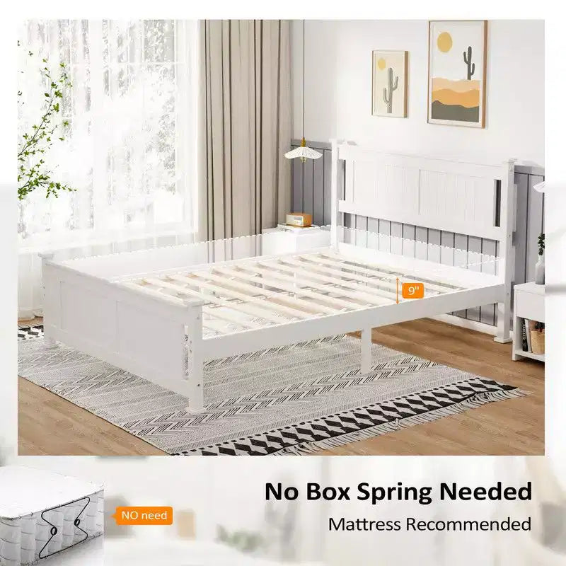 Cadre de lit en bois, lit plateforme pleine grandeur avec tête de lit, blanc