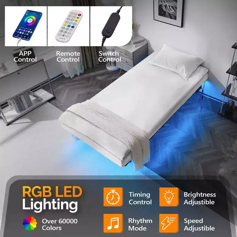 Cadre de lit flottant pleine grandeur avec station de chargement USB et lumière LED