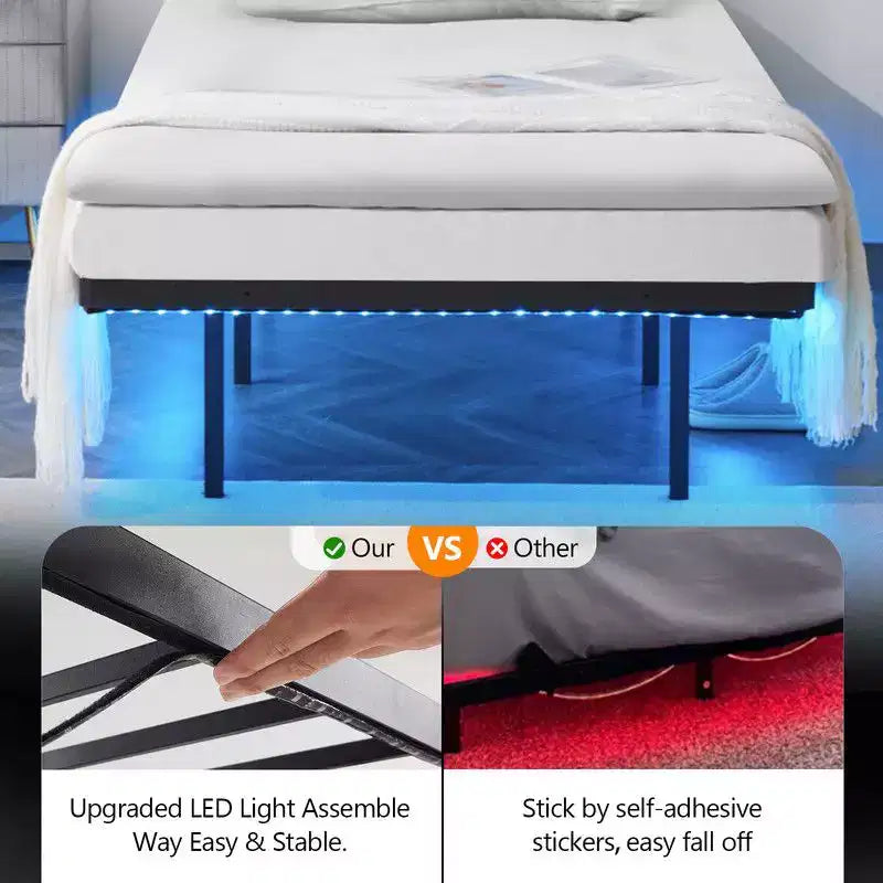 Cadre de lit flottant pleine grandeur avec station de chargement USB et lumière LED