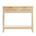 VEVOR Rattan Console Table with 2 Storage Drawers, Rattan Entryway Table with Natural Rattan Sliding Door, Console Sofa Table, Natural