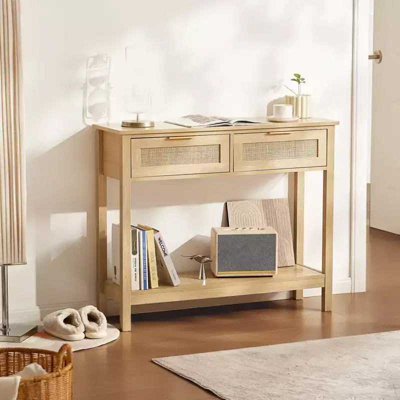 Console en rotin avec 2 tiroirs de rangement, Table d'entrée en rotin avec porte coulissante en rotin naturel, Table console, Naturelle