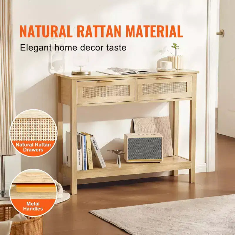 Console en rotin avec 2 tiroirs de rangement, Table d'entrée en rotin avec porte coulissante en rotin naturel, Table console, Naturelle