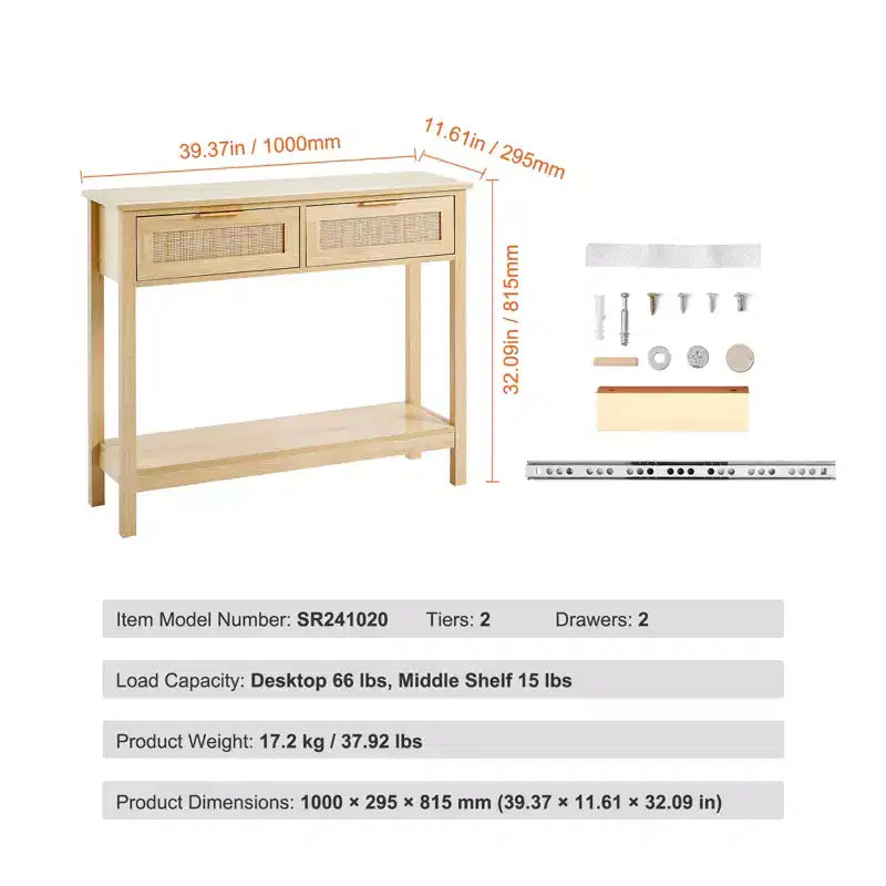 Console en rotin avec 2 tiroirs de rangement, Table d'entrée en rotin avec porte coulissante en rotin naturel, Table console, Naturelle