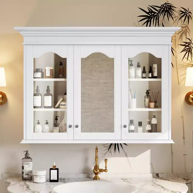 40W Medicine Cabinet with Mirror, Bathroom Storage Cabinet with Adjustable Shelves &amp; Glass Doors, Wall Mounted Mirror Cabinet, White - ModernLuxe