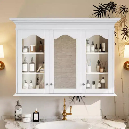 40W Medicine Cabinet with Mirror, Bathroom Storage Cabinet with Adjustable Shelves &amp; Glass Doors, Wall Mounted Mirror Cabinet, White - ModernLuxe