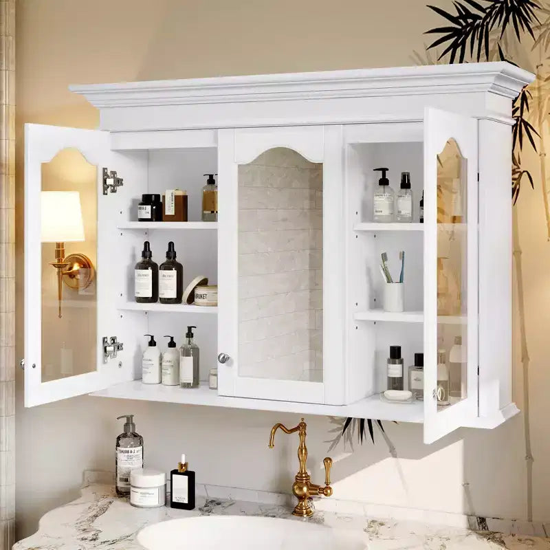 Armoire à pharmacie 40W avec miroir, armoire de rangement de salle de bain avec étagères réglables et portes vitrées, armoire miroir murale, blanche