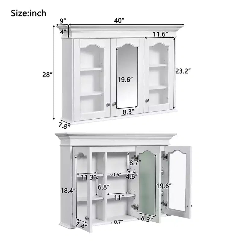 Armoire à pharmacie 40W avec miroir, armoire de rangement de salle de bain avec étagères réglables et portes vitrées, armoire miroir murale, blanche