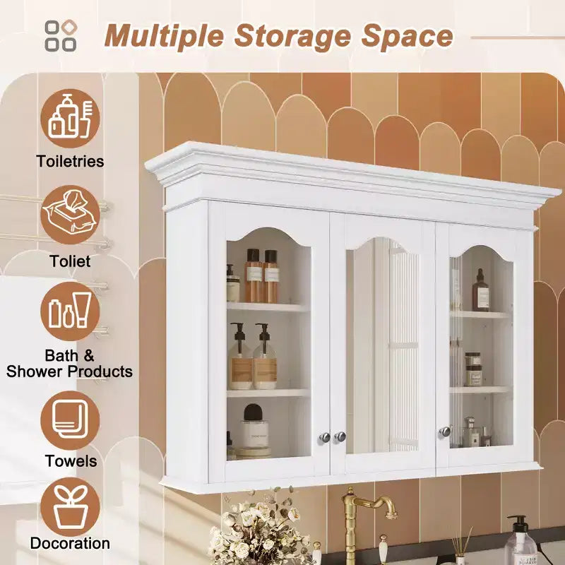 Armoire à pharmacie 40W avec miroir, armoire de rangement de salle de bain avec étagères réglables et portes vitrées, armoire miroir murale, blanche