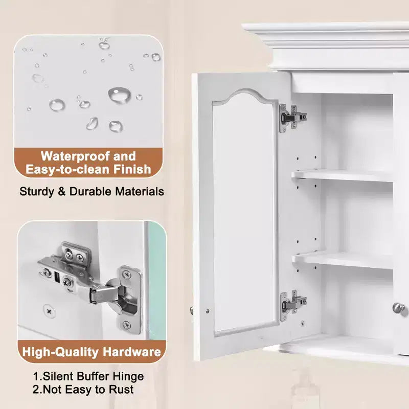 Armoire à pharmacie 40W avec miroir, armoire de rangement de salle de bain avec étagères réglables et portes vitrées, armoire miroir murale, blanche