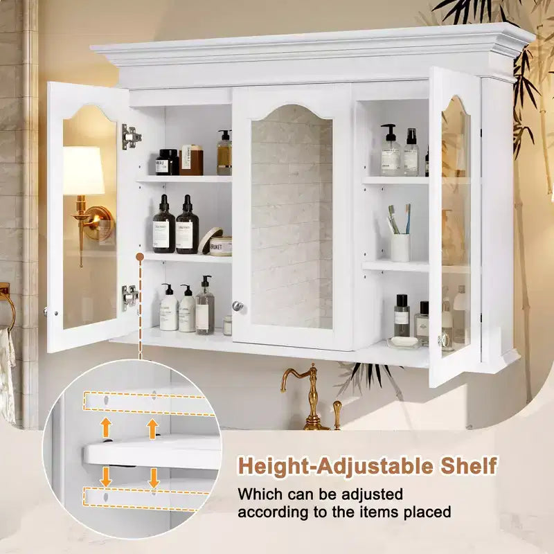 Armoire à pharmacie 40W avec miroir, armoire de rangement de salle de bain avec étagères réglables et portes vitrées, armoire miroir murale, blanche