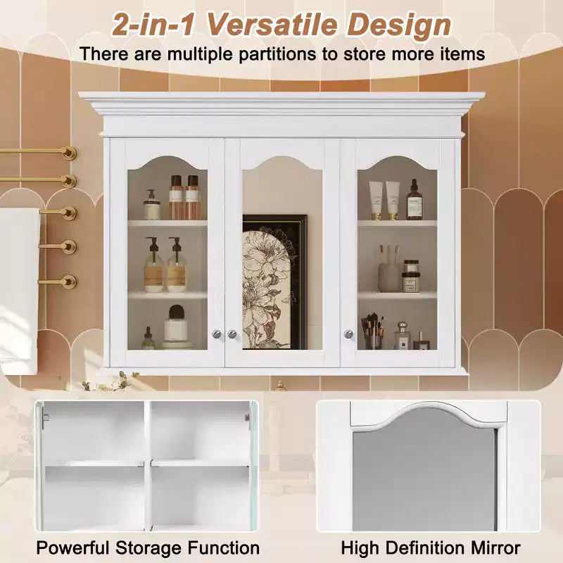Armoire à pharmacie 40W avec miroir, armoire de rangement de salle de bain avec étagères réglables et portes vitrées, armoire miroir murale, blanche
