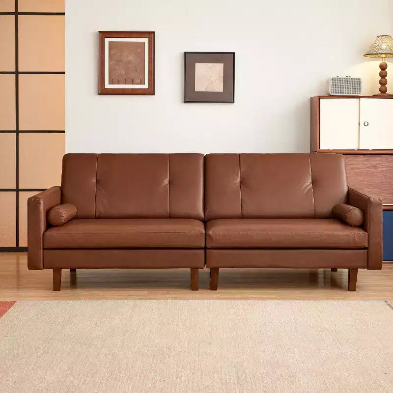 ATJafurn 86 inch Brown Tufted Leather Couch with Deep Seat, Mid Century Modern Vintage 3-Seater Sleeper Sofa Sectional Loveseat for Living Room Office