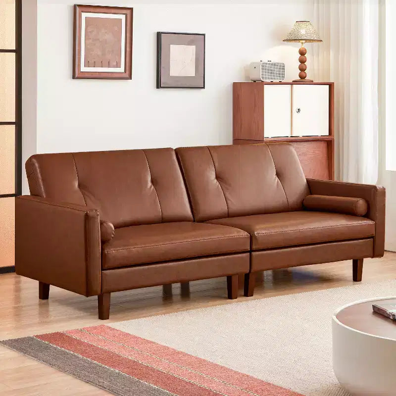 Canapé Chesterfield en cuir marron de 218 cm avec assise profonde, canapé-lit sectionnel pour 3 personnes, style vintage moderne du milieu du siècle pour salon et bureau