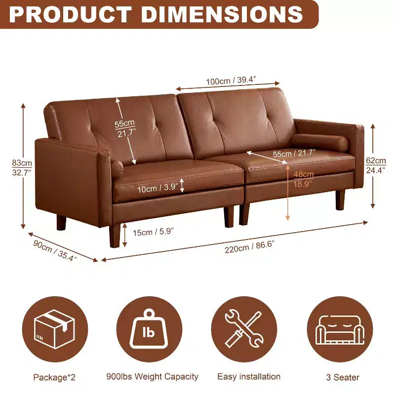 Canapé Chesterfield en cuir marron de 218 cm avec assise profonde, canapé-lit sectionnel pour 3 personnes, style vintage moderne du milieu du siècle pour salon et bureau
