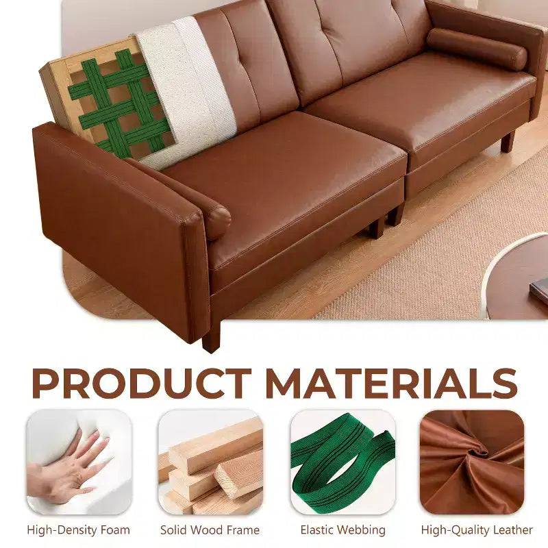 Canapé Chesterfield en cuir marron de 218 cm avec assise profonde, canapé-lit sectionnel pour 3 personnes, style vintage moderne du milieu du siècle pour salon et bureau