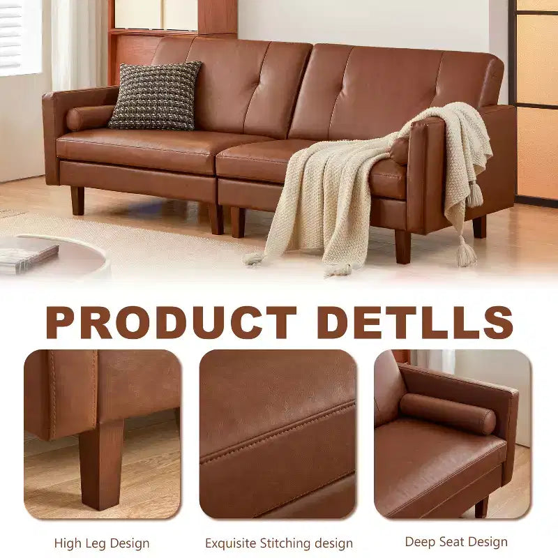 Canapé Chesterfield en cuir marron de 218 cm avec assise profonde, canapé-lit sectionnel pour 3 personnes, style vintage moderne du milieu du siècle pour salon et bureau