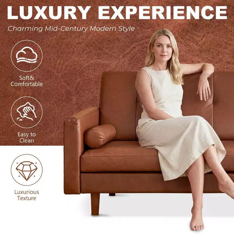 Canapé Chesterfield en cuir marron de 218 cm avec assise profonde, canapé-lit sectionnel pour 3 personnes, style vintage moderne du milieu du siècle pour salon et bureau