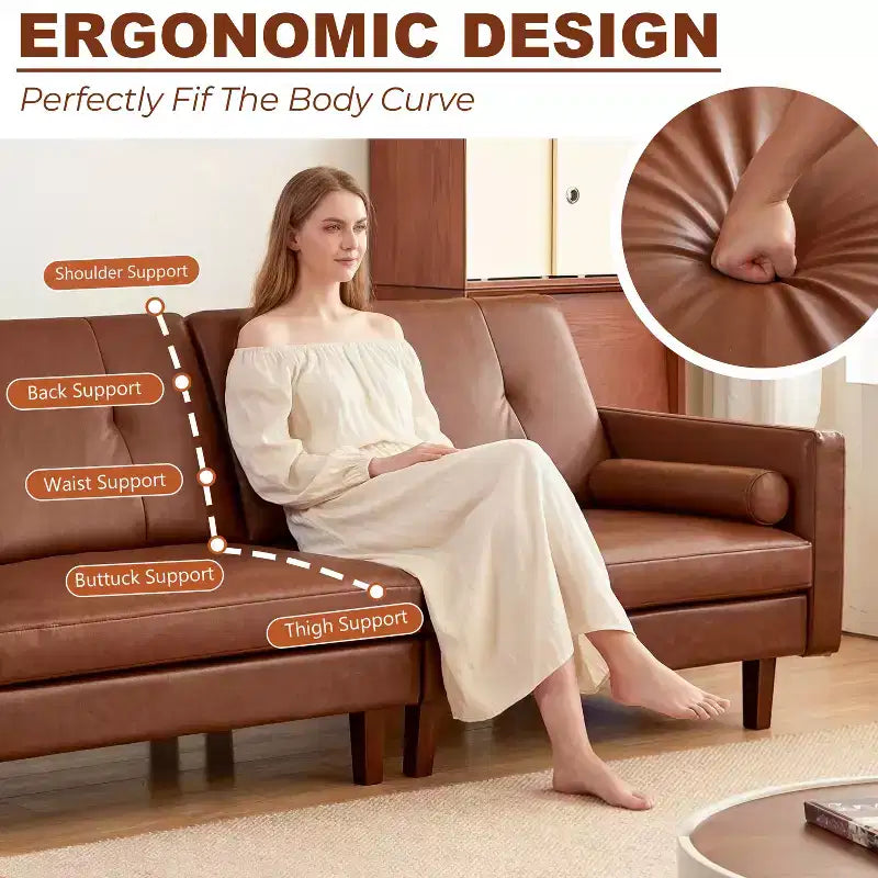 Canapé Chesterfield en cuir marron de 218 cm avec assise profonde, canapé-lit sectionnel pour 3 personnes, style vintage moderne du milieu du siècle pour salon et bureau