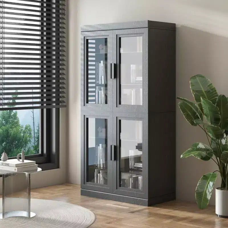 Wood Accent Cabinet in Black, Storage Organizer with Adjustable Shelves and Glass Doors for Kitchen Bedroom Living Room Dinning Room