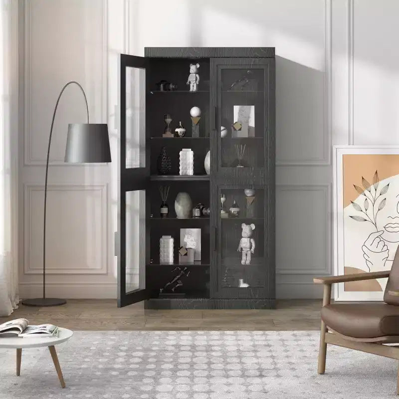 Meuble d'appoint en bois noir, organisateur de rangement avec étagères réglables et portes vitrées pour cuisine, chambre, salon, salle à manger