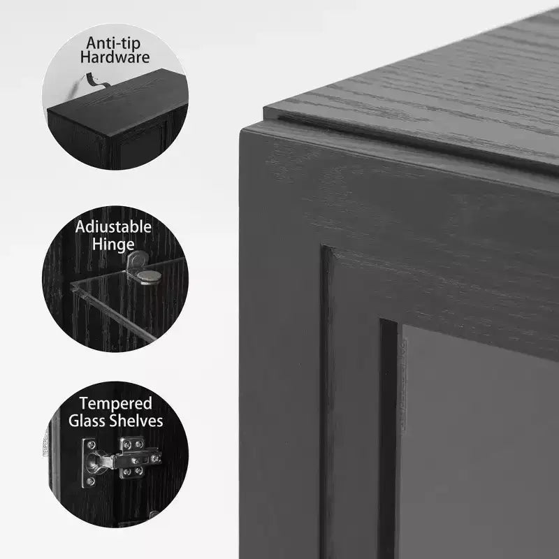 Meuble d'appoint en bois noir, organisateur de rangement avec étagères réglables et portes vitrées pour cuisine, chambre, salon, salle à manger