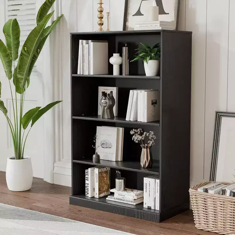 [48.5-inch | Practical]4-Tier Doorless Wood Grain Storage Shelf (Matte Black + Heavy-Duty Storage)
