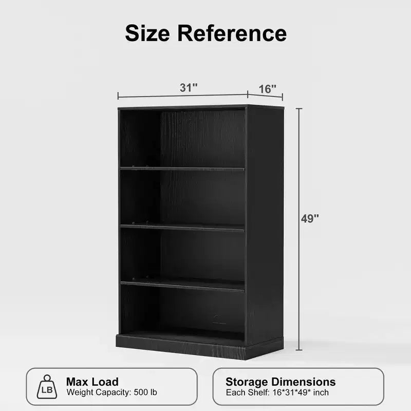 [48,5 pouces | Pratique] Étagère de rangement sans porte à 4 niveaux en bois grainé (noir mat + rangement robuste)