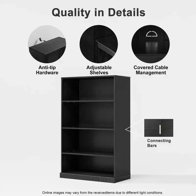 [48,5 pouces | Pratique] Étagère de rangement sans porte à 4 niveaux en bois grainé (noir mat + rangement robuste)