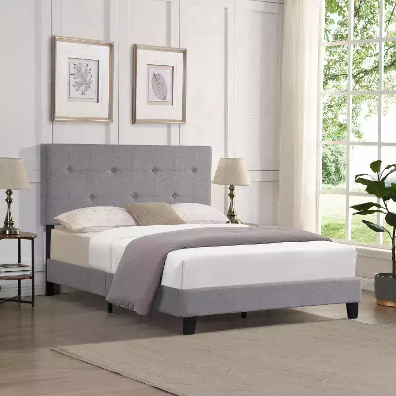 Okak Queen Upholstered Bed Frame with Button Tufted Linen Fabric Headboard, Platform Bed Frame with Wood Slat Support, Wood