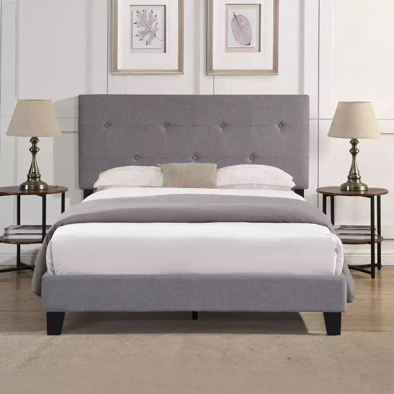 Cadre de lit Queen Size rembourré avec tête de lit en lin touffeté de boutons, cadre de lit plateforme avec support de lattes en bois, bois