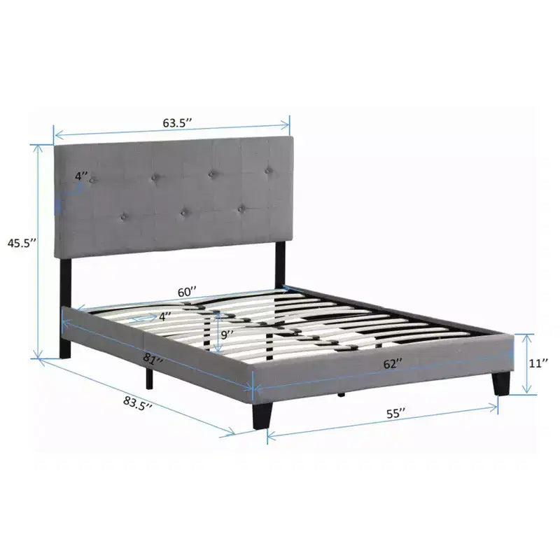 Cadre de lit Queen Size rembourré avec tête de lit en lin touffeté de boutons, cadre de lit plateforme avec support de lattes en bois, bois