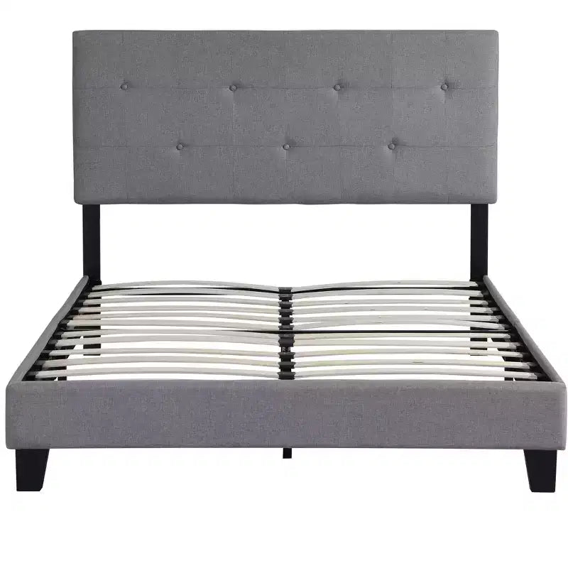 Cadre de lit Queen Size rembourré avec tête de lit en lin touffeté de boutons, cadre de lit plateforme avec support de lattes en bois, bois