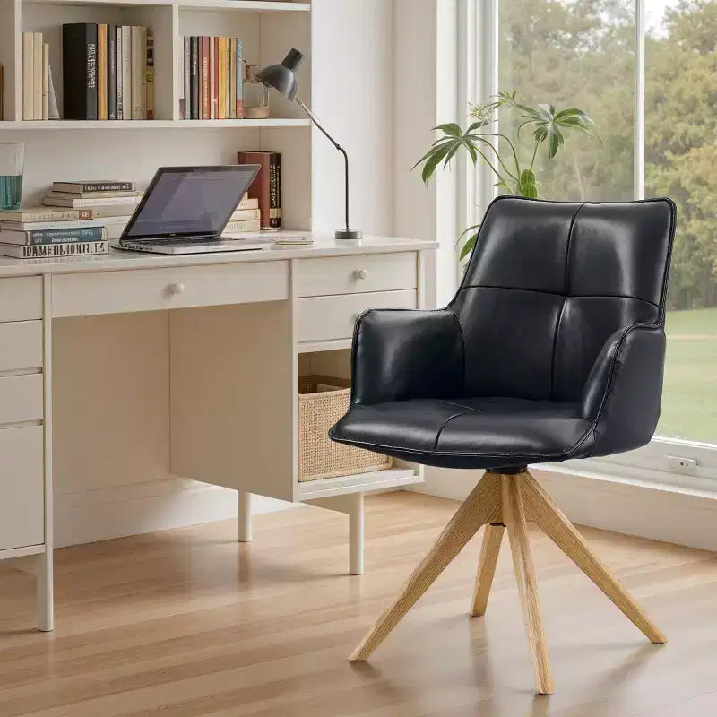 Fauteuils de bureau pivotants d'appoint de luxe en cuir pleine fleur véritable avec pieds en bois