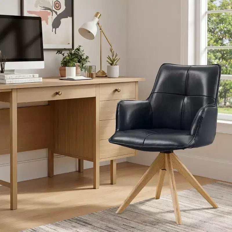 Fauteuils de bureau pivotants d'appoint de luxe en cuir pleine fleur véritable avec pieds en bois