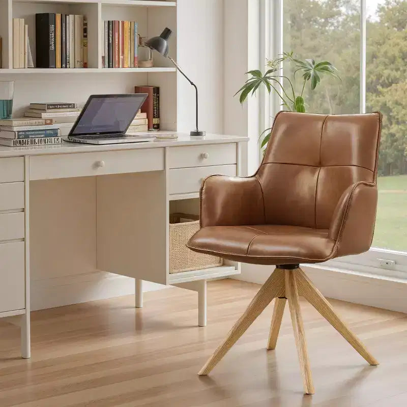 Fauteuils de bureau pivotants d'appoint de luxe en cuir pleine fleur véritable avec pieds en bois