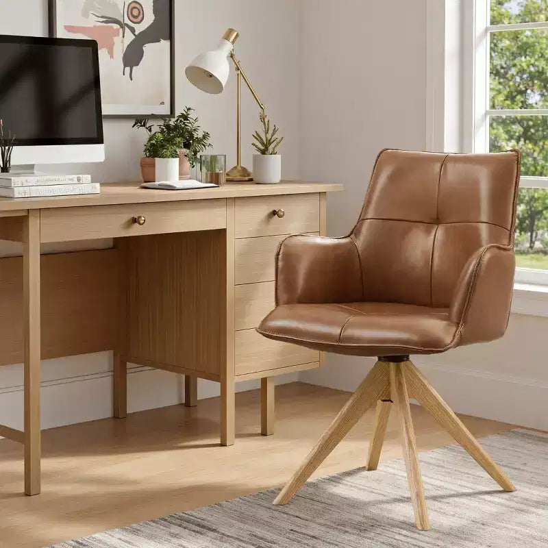 Fauteuils de bureau pivotants d'appoint de luxe en cuir pleine fleur véritable avec pieds en bois