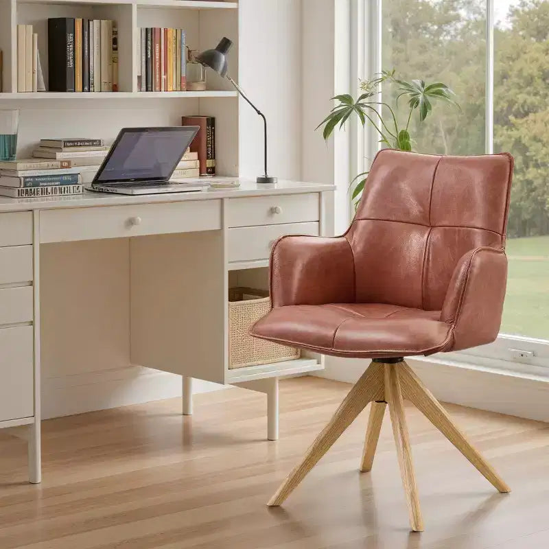 Fauteuils de bureau pivotants d'appoint de luxe en cuir pleine fleur véritable avec pieds en bois