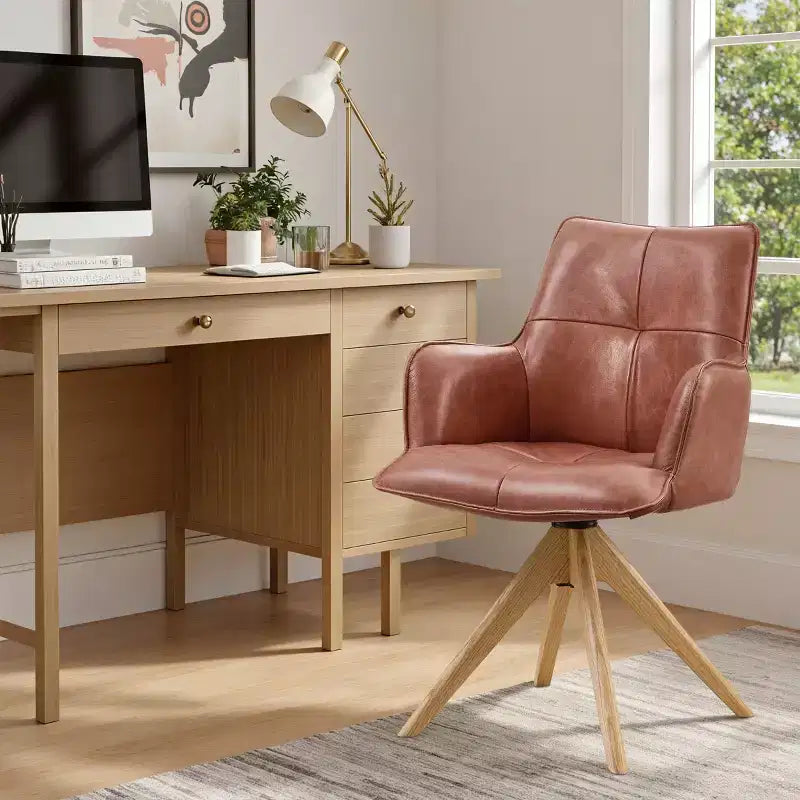 Fauteuils de bureau pivotants d'appoint de luxe en cuir pleine fleur véritable avec pieds en bois