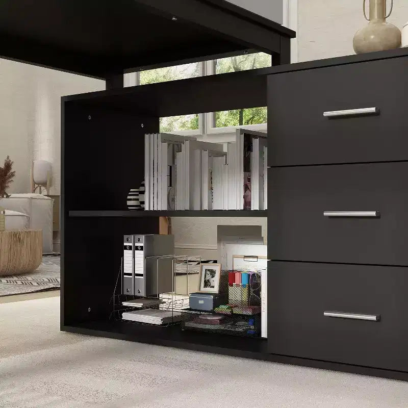 Bureau d'ordinateur à piédestal unique : poste de travail modulaire avec organiseur à 3 tiroirs, étagère ouverte et rangement réglable Bureau d'ordinateur pour la maison