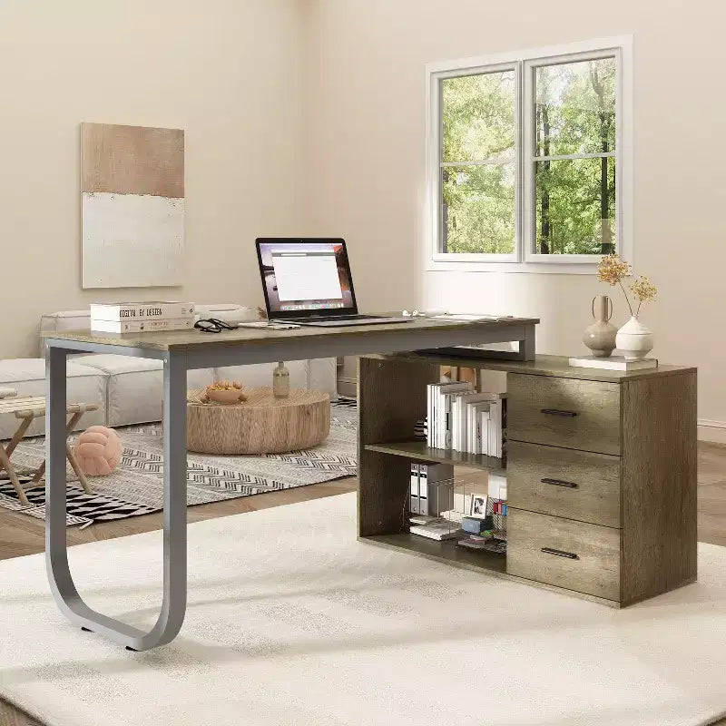 Bureau d'ordinateur à piédestal unique : poste de travail modulaire avec organiseur à 3 tiroirs, étagère ouverte et rangement réglable Bureau d'ordinateur pour la maison