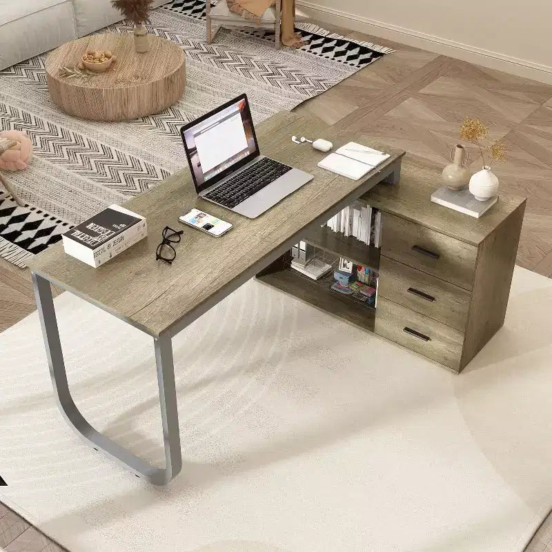 Bureau d'ordinateur à piédestal unique : poste de travail modulaire avec organiseur à 3 tiroirs, étagère ouverte et rangement réglable Bureau d'ordinateur pour la maison